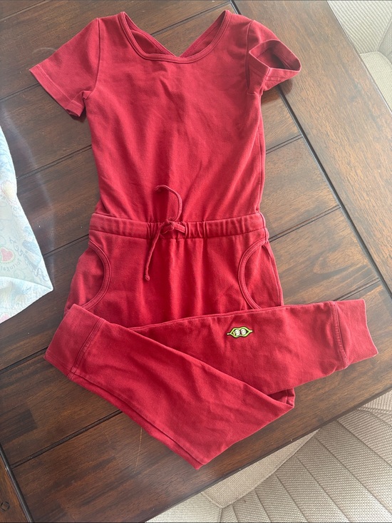 Peekaboo Beans Other - Girls' Short-Sleeve Red Drawcord Jumpsuit